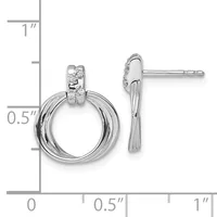 Silver hoop earrings with diamond accents on posts, displayed next to a measurement scale showing approximately one inch in length.