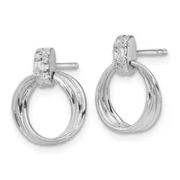 Pair of silver drop earrings with diamond-set posts and textured oval rings suspended below.