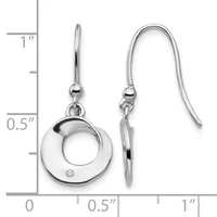Silver dangle earrings with circular open designs and small diamond accents, shown next to a ruler measuring approximately one inch in length.