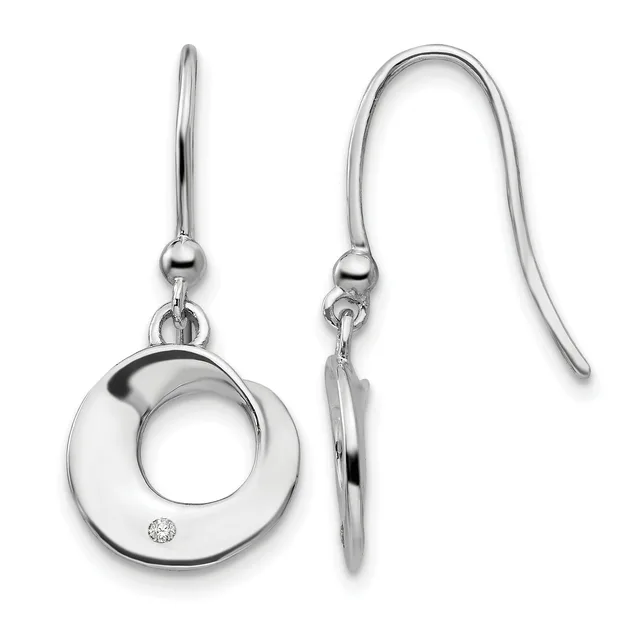 A pair of silver drop earrings with circular open designs and small diamond accents, shown from front and side views on fish hook wires.