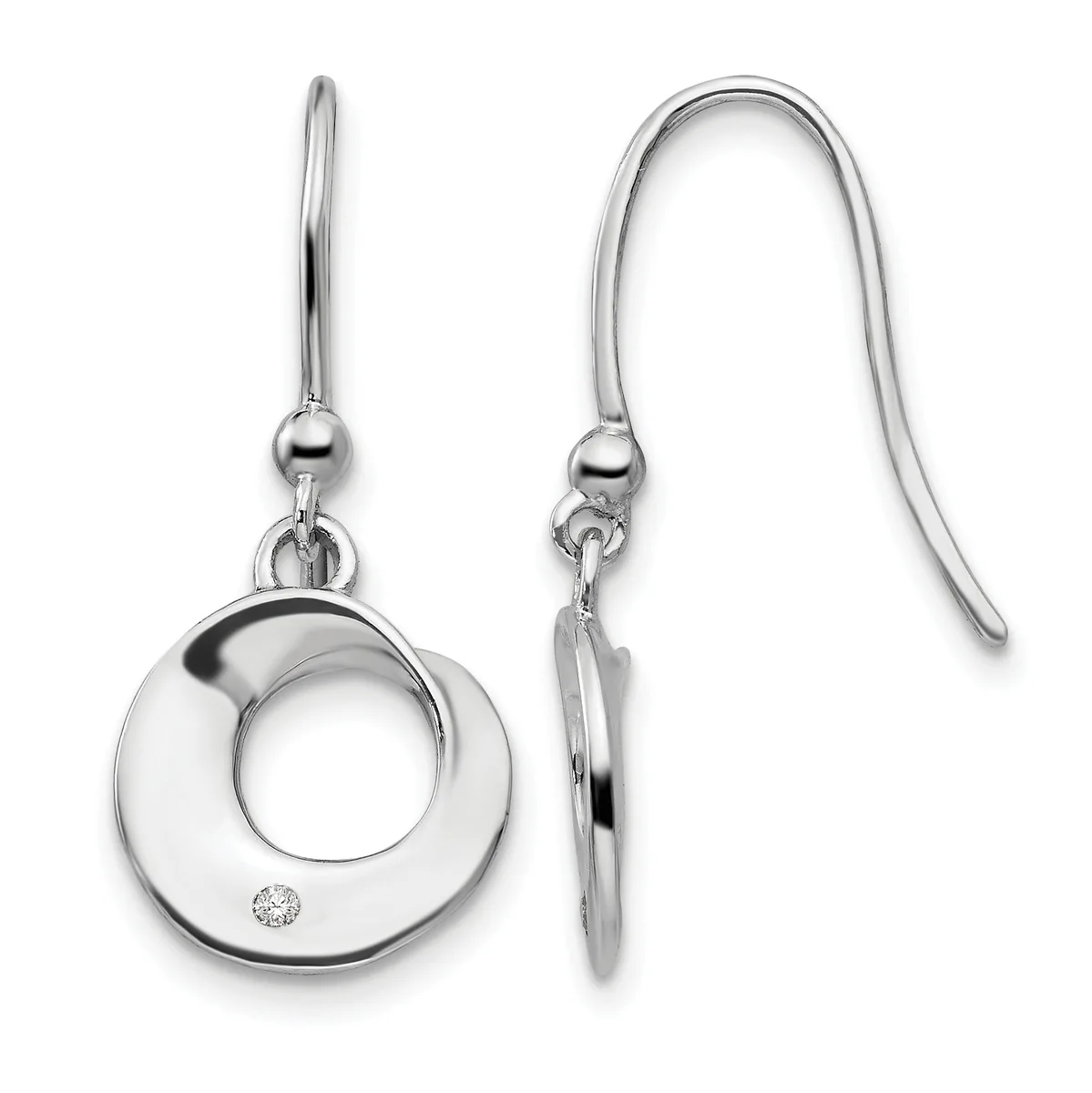 A pair of silver drop earrings with circular open designs and small diamond accents, shown from front and side views on fish hook wires.