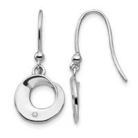 A pair of silver drop earrings with circular open designs and small diamond accents, shown from front and side views on fish hook wires.