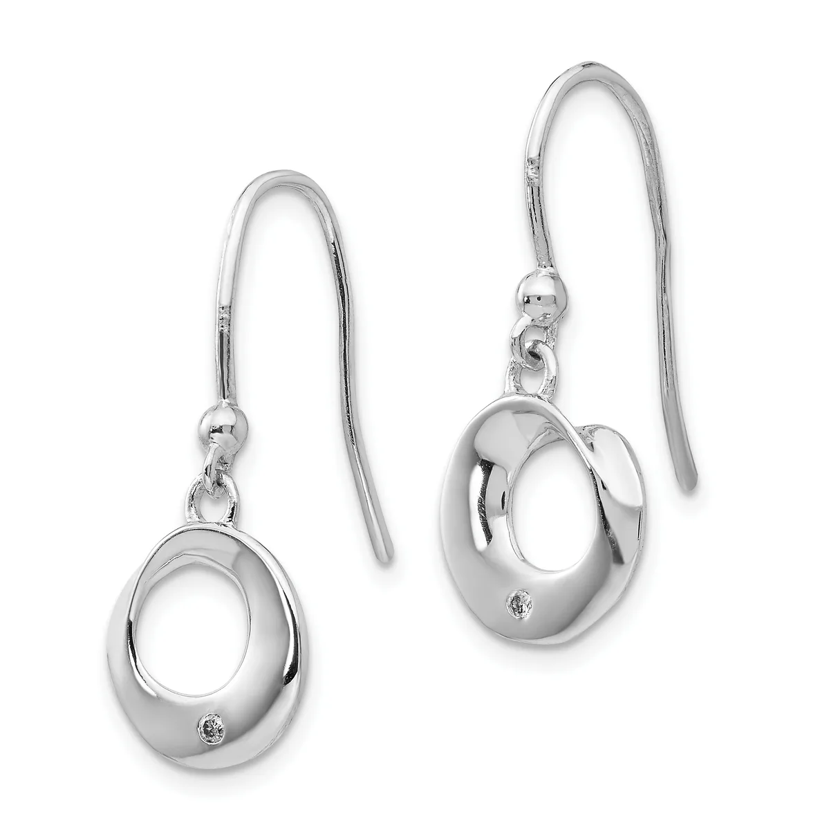 Pair of silver drop earrings with polished oval pendants, each set with a small diamond, hanging from curved wire hooks.