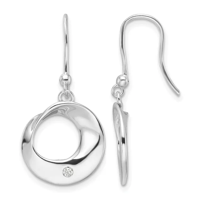 Pair of silver drop earrings with curved circular pendants featuring a small diamond accent, shown from front and side views with fishhook posts.