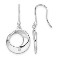 Pair of silver drop earrings with curved circular pendants featuring a small diamond accent, shown from front and side views with fishhook posts.