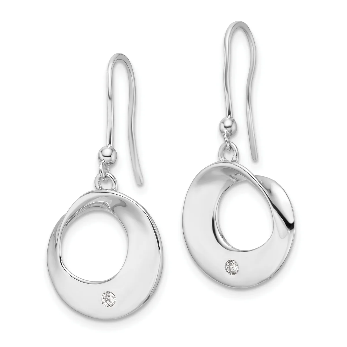 A pair of silver drop earrings with open circular designs and small diamond accents, suspended from curved ear wires.