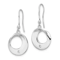 A pair of silver drop earrings with open circular designs and small diamond accents, suspended from curved ear wires.