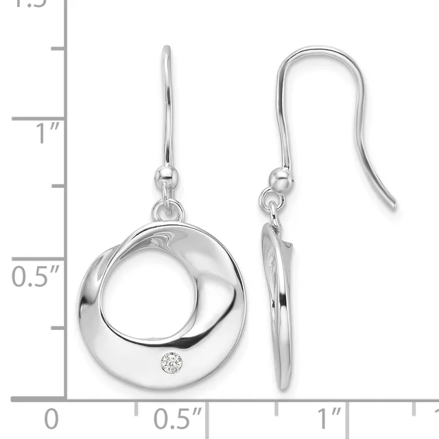 Silver circular dangle earrings with a small diamond accent, shown from front and side views against a measurement scale.