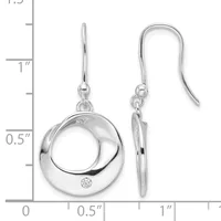 Silver circular dangle earrings with a small diamond accent, shown from front and side views against a measurement scale.