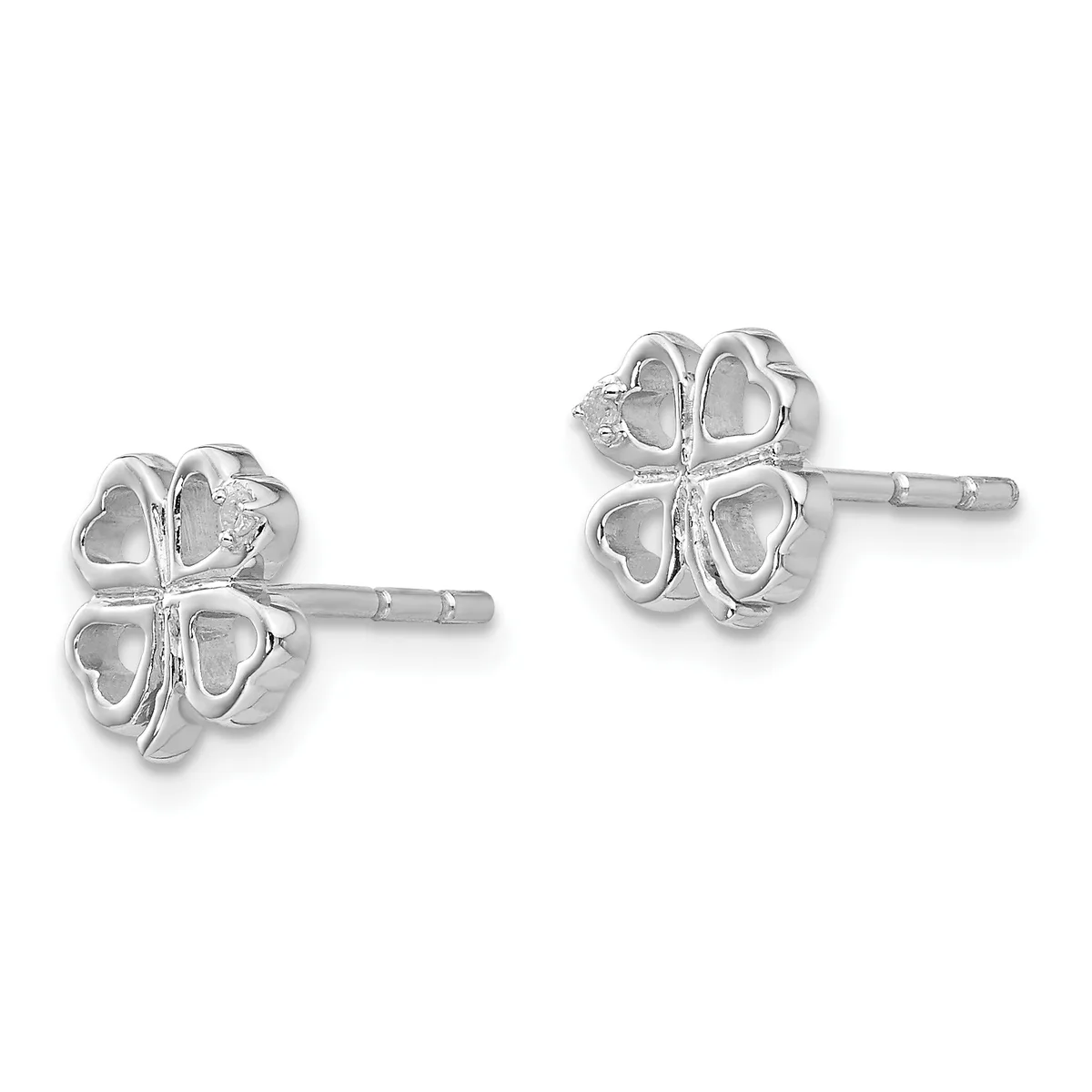 A pair of silver four-leaf clover stud earrings with hollow heart-shaped petals and small posts, shown from front and back views.