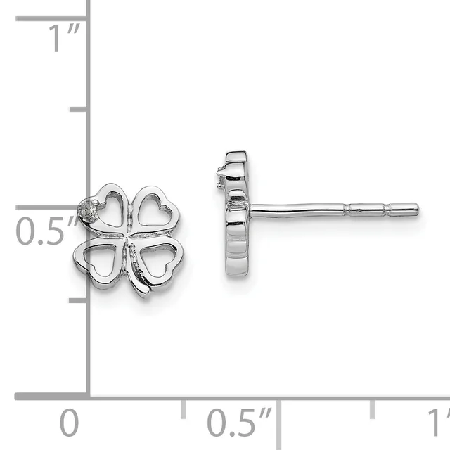 Silver four-leaf clover stud earrings shown from front and side views with a measurement scale indicating approximately 0.5 inches in width.