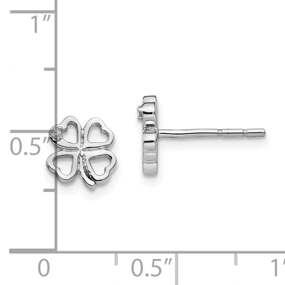 Silver four-leaf clover stud earrings shown from front and side views with a measurement scale indicating approximately 0.5 inches in width.