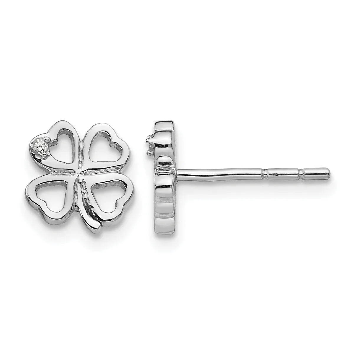 Silver four-leaf clover stud earrings with a small diamond accent on one clover, shown from front and side views.
