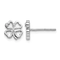 Silver four-leaf clover stud earrings with a small diamond accent on one clover, shown from front and side views.