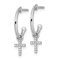 Pair of silver hoop earrings with diamond-encrusted cross charms hanging from the bottom.