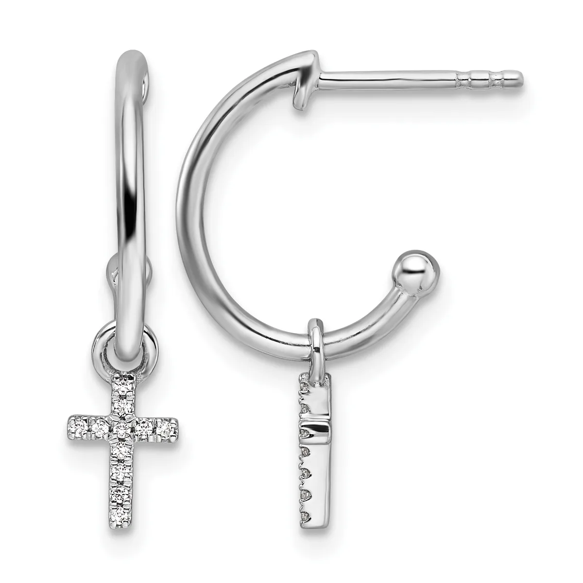 A pair of silver hoop earrings with diamond-set cross charms attached, shown from two angles against a white background.
