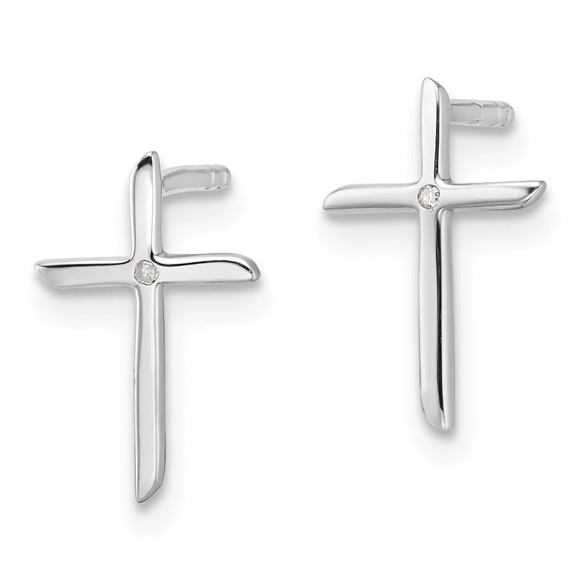 A pair of silver cross-shaped stud earrings with small round diamonds at the center, shown from front and side angles.