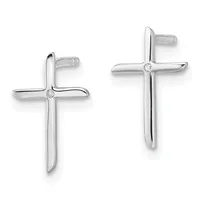 A pair of silver cross-shaped stud earrings with small round diamonds at the center, shown from front and side angles.