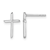 Pair of silver cross stud earrings shown from front and side views, each featuring a polished cross with a small diamond or gemstone at the center.