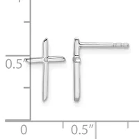 A pair of silver cross-shaped stud earrings shown from front and side views against a measurement grid.