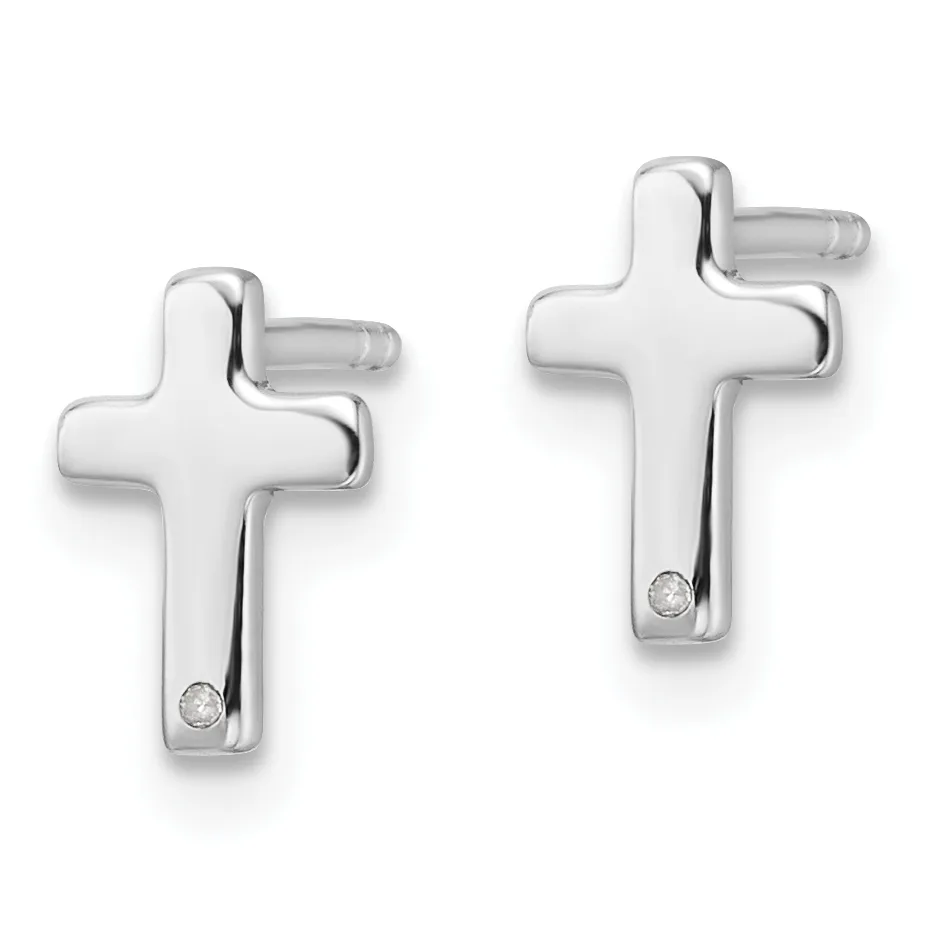 A pair of silver cross-shaped earrings with small round diamond accents near the base of each cross, shown against a white background.