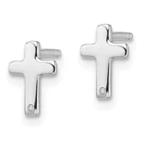 A pair of silver cross-shaped earrings with small round diamond accents near the base of each cross, shown against a white background.