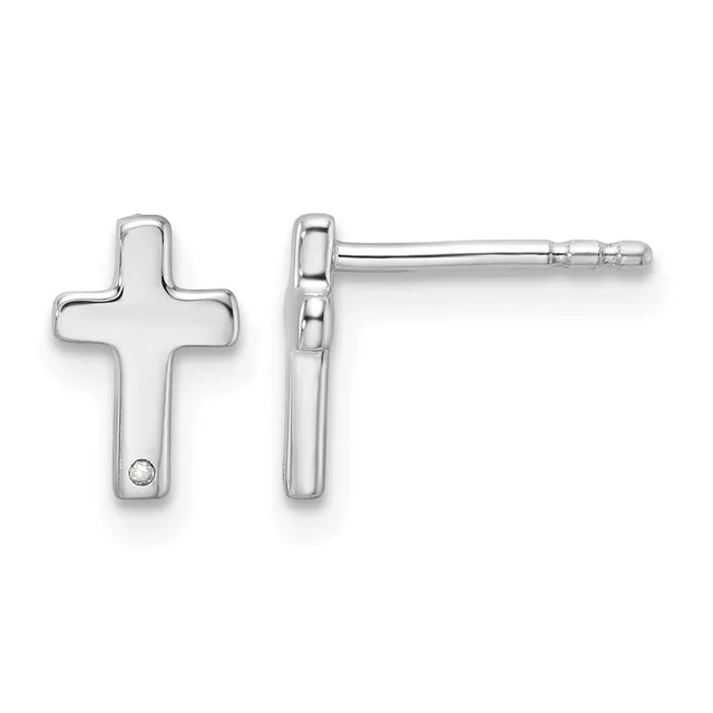 Pair of silver cross-shaped stud earrings shown from front and side view, each with a small diamond accent near the bottom and a post back.