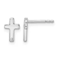 Pair of silver cross-shaped stud earrings shown from front and side view, each with a small diamond accent near the bottom and a post back.