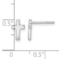 A pair of silver cross-shaped stud earrings with a small diamond accent, shown front and side views on a measurement scale indicating 0.5 inches in height.