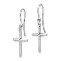 A pair of silver cross-shaped dangle earrings with curved ear wires and small connector beads.