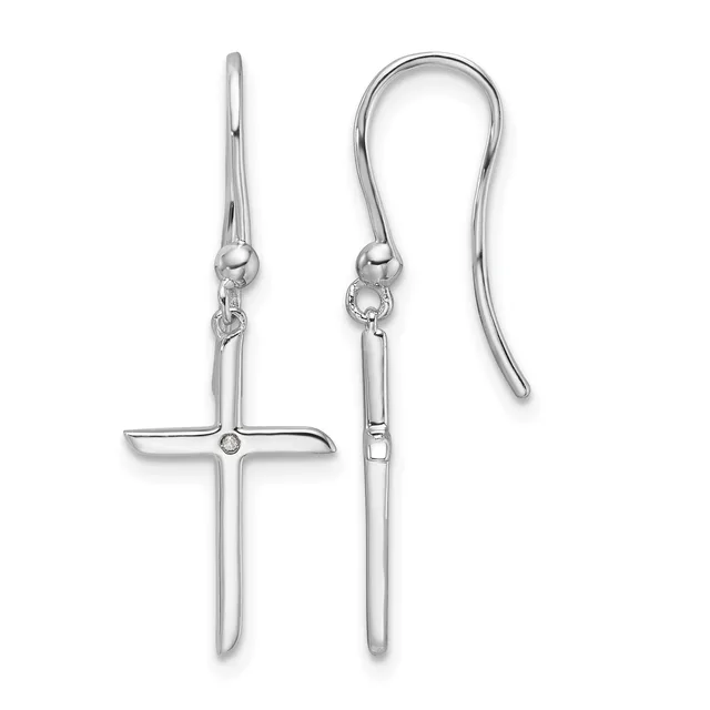 A pair of silver cross earrings with long hooks, displayed side by side showing the front and back views.