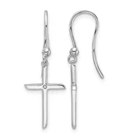A pair of silver cross earrings with long hooks, displayed side by side showing the front and back views.