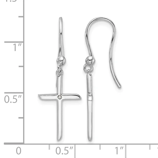Pair of silver earrings with French wire hooks, featuring elongated cross pendants, displayed against a measurement scale showing approximately one inch in length.