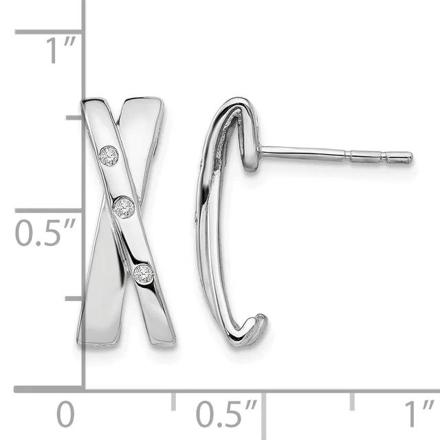 Silver stud earrings featuring crossed X-shaped design with three round diamonds set diagonally, shown next to measurement scale indicating approximately 0.5 inches tall.