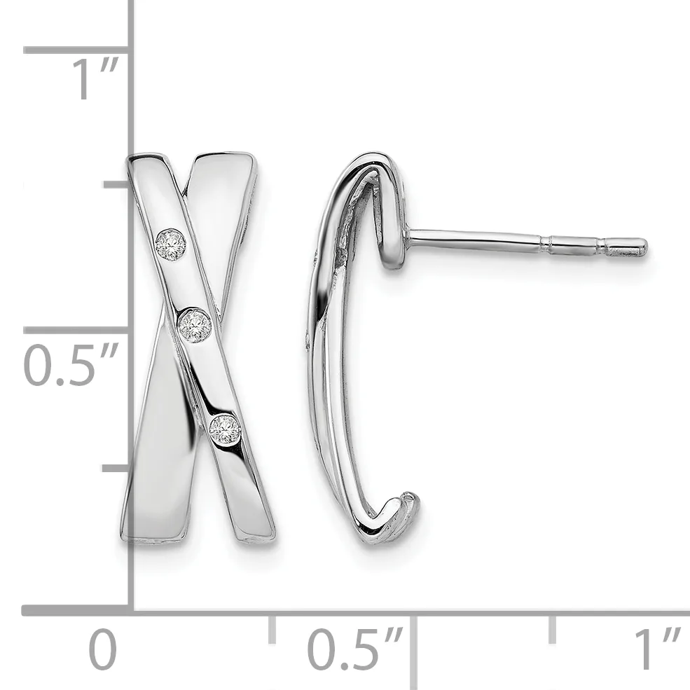 Silver stud earrings featuring crossed X-shaped design with three round diamonds set diagonally, shown next to measurement scale indicating approximately 0.5 inches tall.