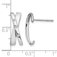 Silver stud earrings featuring crossed X-shaped design with three round diamonds set diagonally, shown next to measurement scale indicating approximately 0.5 inches tall.