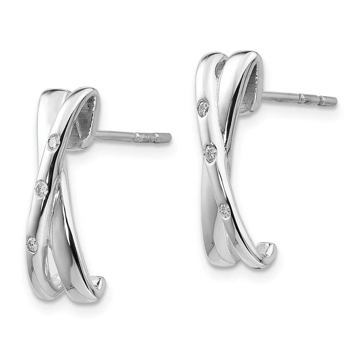 Pair of silver drop earrings with twisted ribbon design and small diamond accents, shown from front and back views with post and friction back closures.