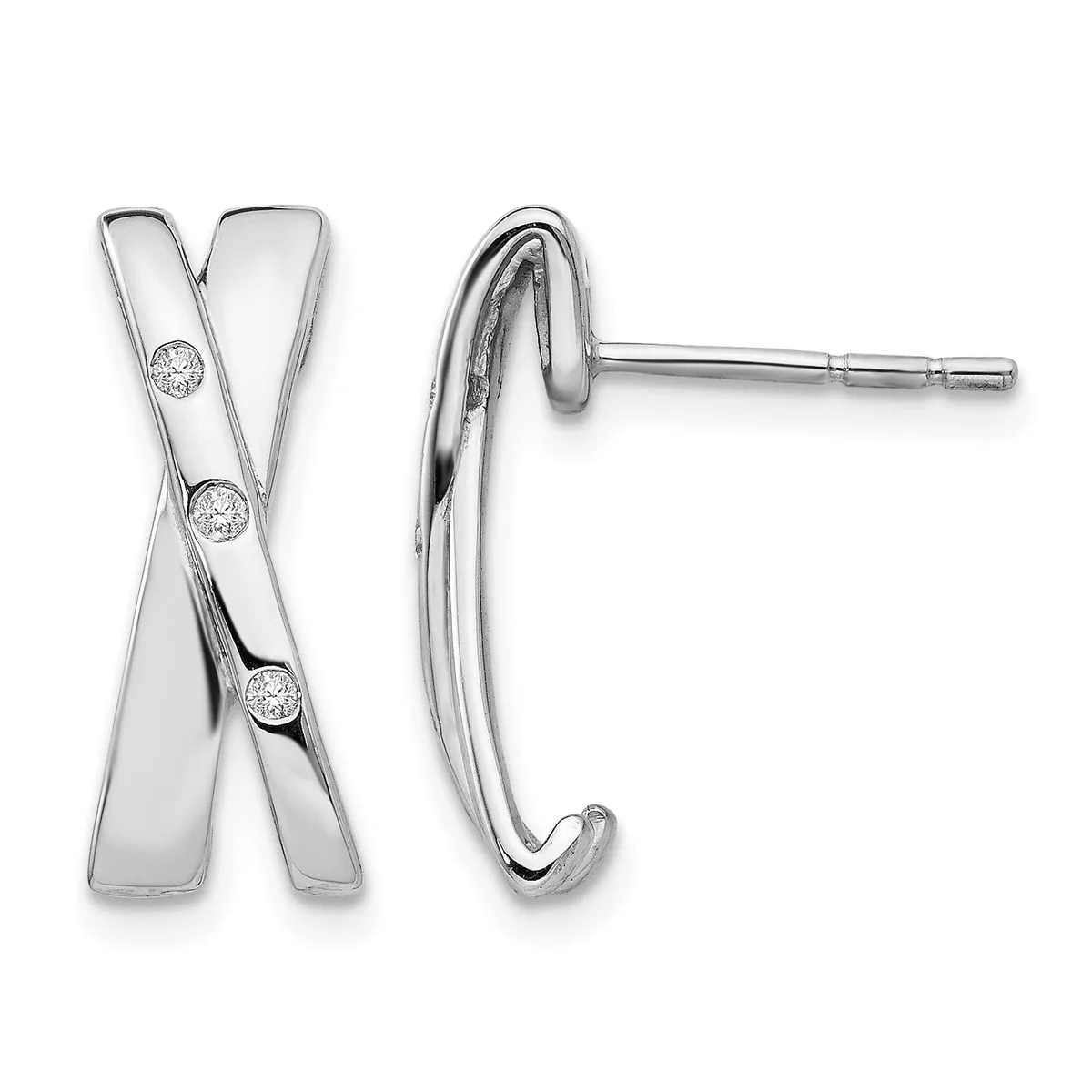 Pair of silver drop earrings with an X-shaped design featuring three round diamonds set along the front face, shown from front and side views.