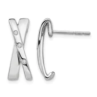 Pair of silver drop earrings with an X-shaped design featuring three round diamonds set along the front face, shown from front and side views.