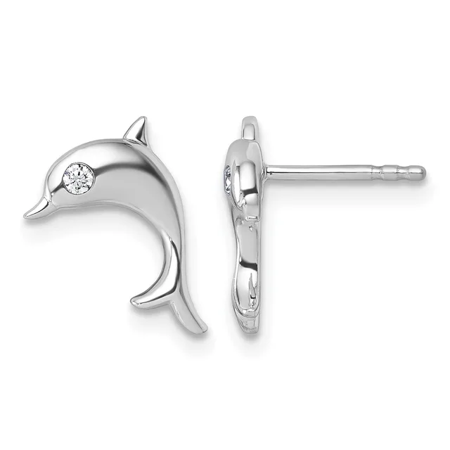 A pair of silver dolphin stud earrings with a small diamond or cubic zirconia set in each dolphin's head, shown from front and back views.