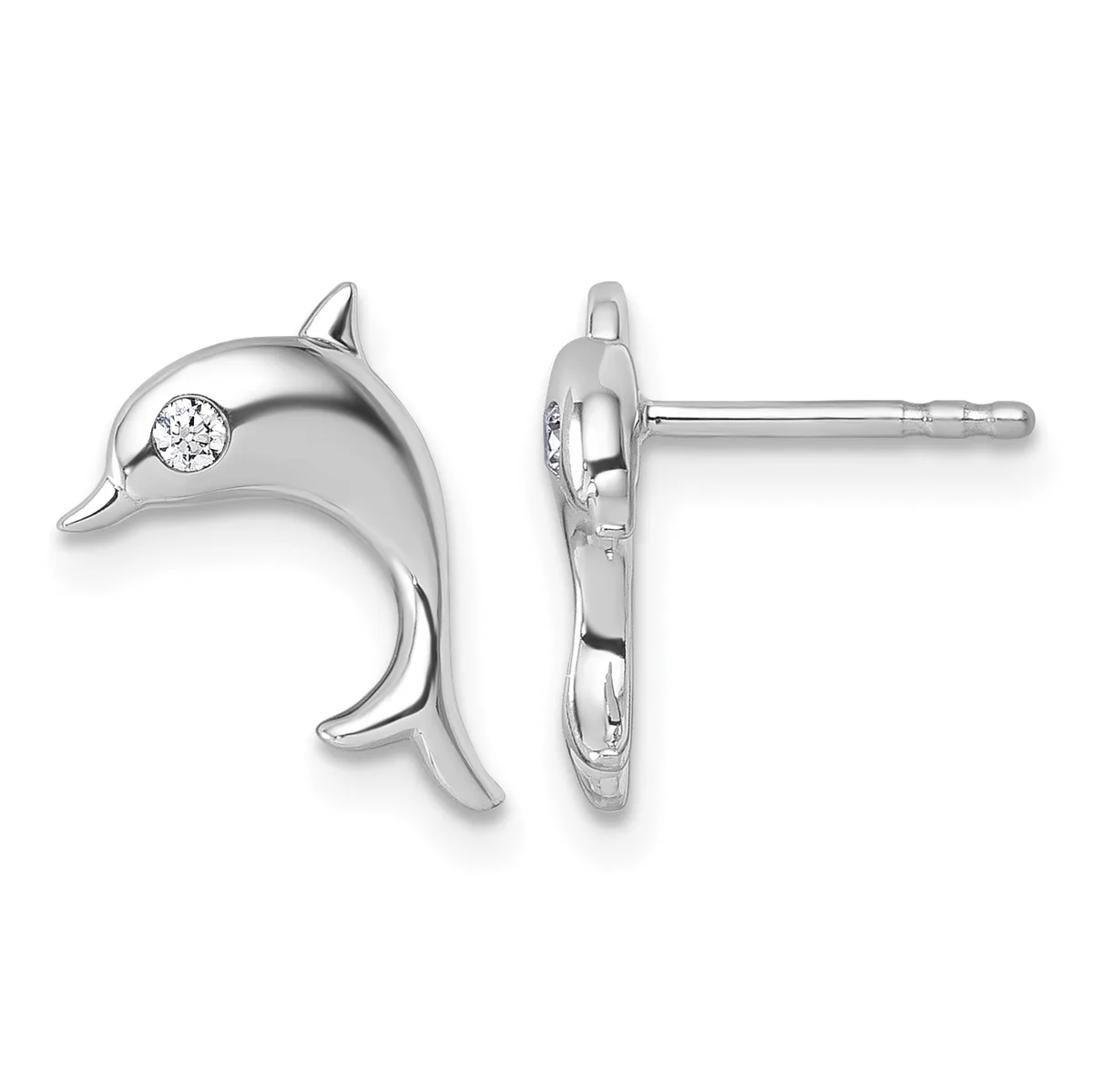 A pair of silver dolphin stud earrings with a small diamond or cubic zirconia set in each dolphin's head, shown from front and back views.