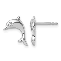 A pair of silver dolphin stud earrings with a small diamond or cubic zirconia set in each dolphin's head, shown from front and back views.