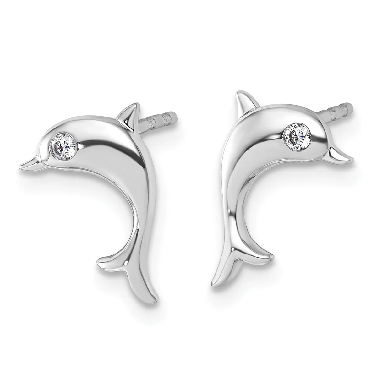 A pair of silver dolphin-shaped stud earrings with small round diamonds set in the eye area and post backs.