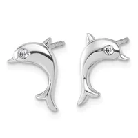 A pair of silver dolphin-shaped stud earrings with small round diamonds set in the eye area and post backs.