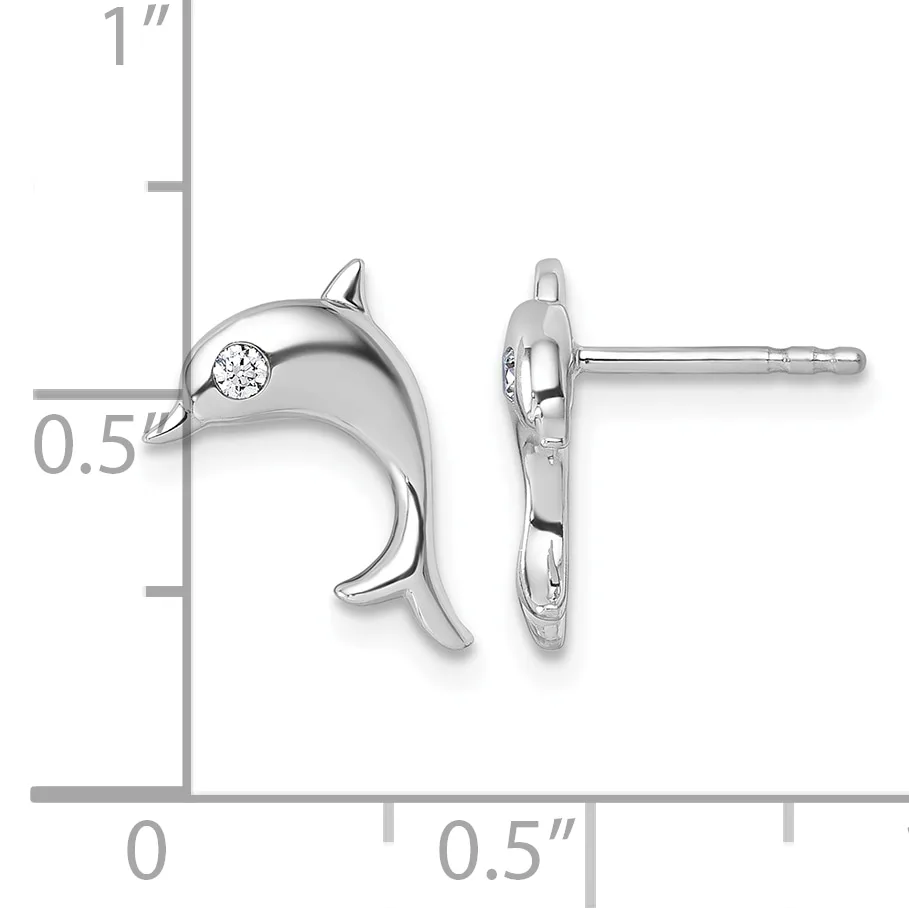 Silver dolphin stud earrings with a diamond accent, shown from front and back views against a measurement scale indicating approximately half an inch in height.