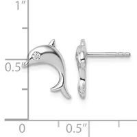 Silver dolphin stud earrings with a diamond accent, shown from front and back views against a measurement scale indicating approximately half an inch in height.