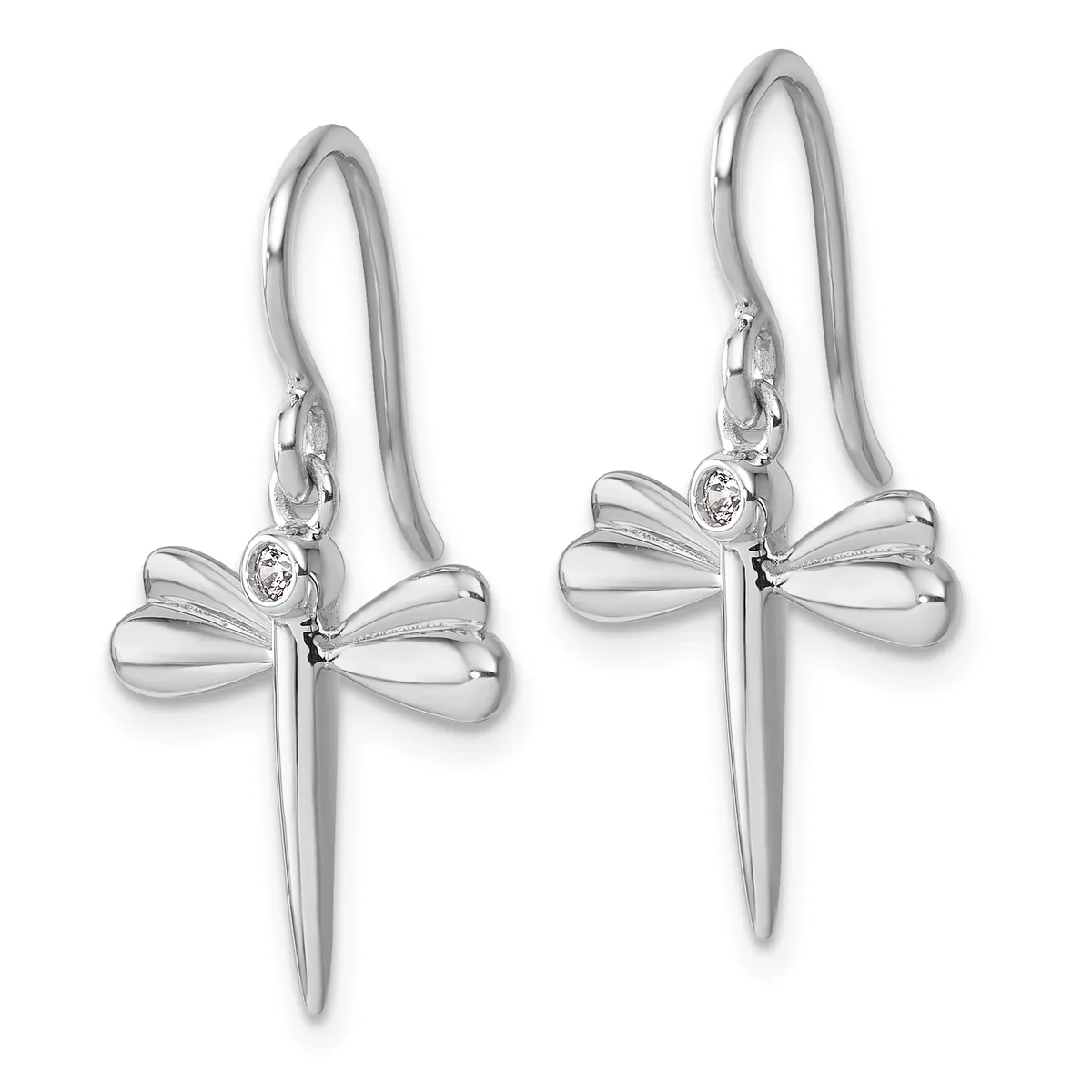 Pair of silver dragonfly drop earrings with small diamond accents and long curved ear wires, shown from the front.