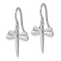 Pair of silver dragonfly drop earrings with small diamond accents and long curved ear wires, shown from the front.