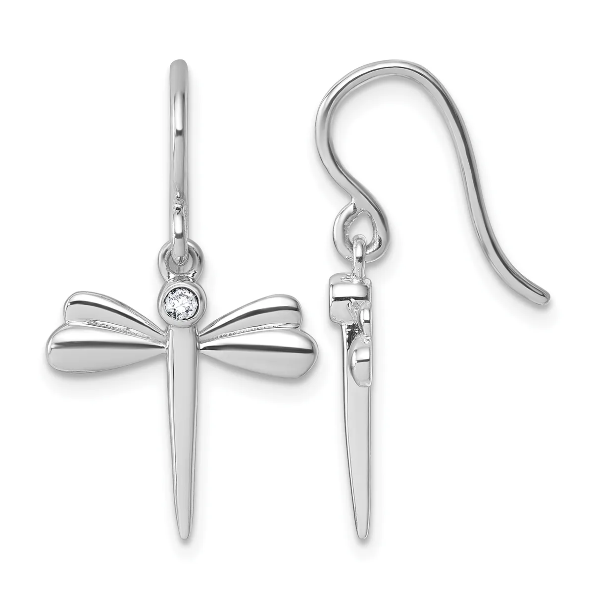 Pair of silver cross drop earrings with bow-shaped tops, cubic zirconia accents, and fish hook closures, shown front and back views.