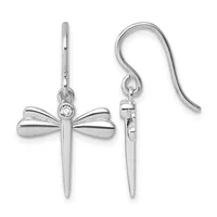 Pair of silver cross drop earrings with bow-shaped tops, cubic zirconia accents, and fish hook closures, shown front and back views.